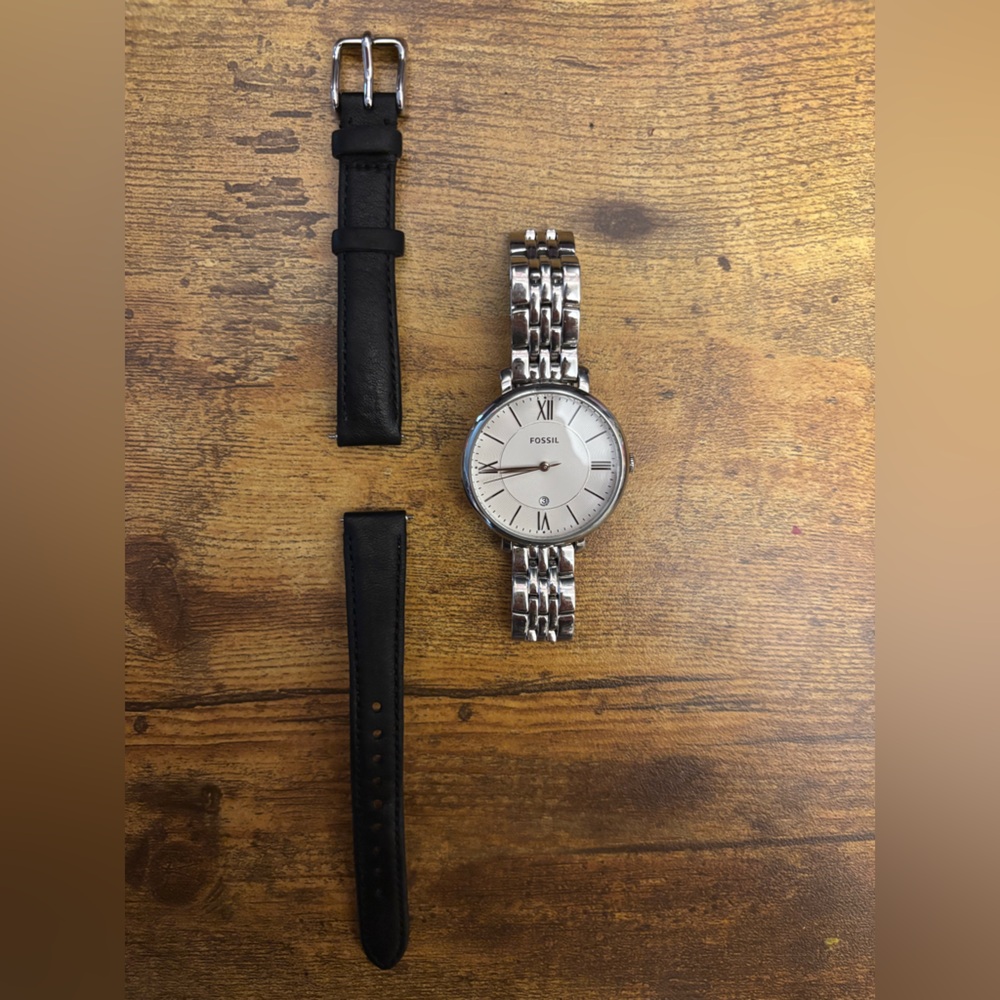 Women’s Fossil Silver Jaqueline Watch with Interchangeable Black Leather Strap